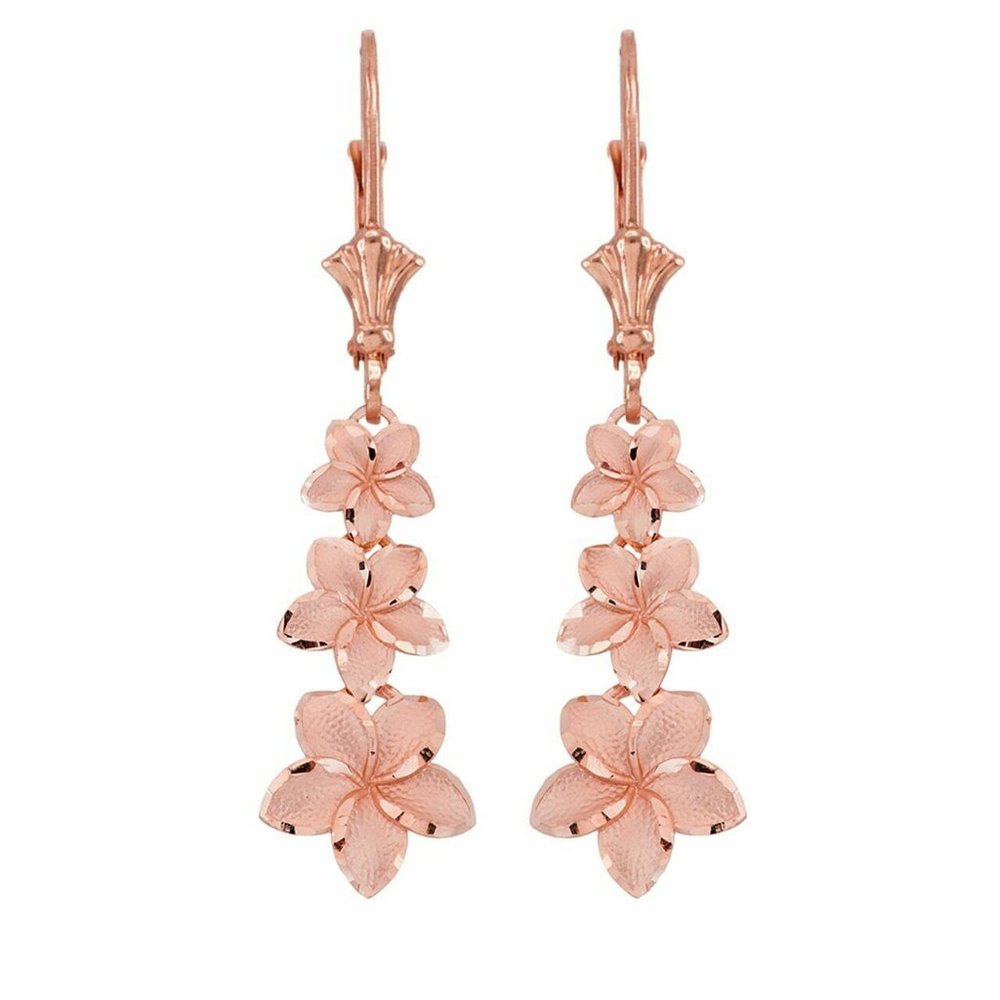 14k Solid Gold Elegant Plumeria Flower Earrings - Picture 5 of 9